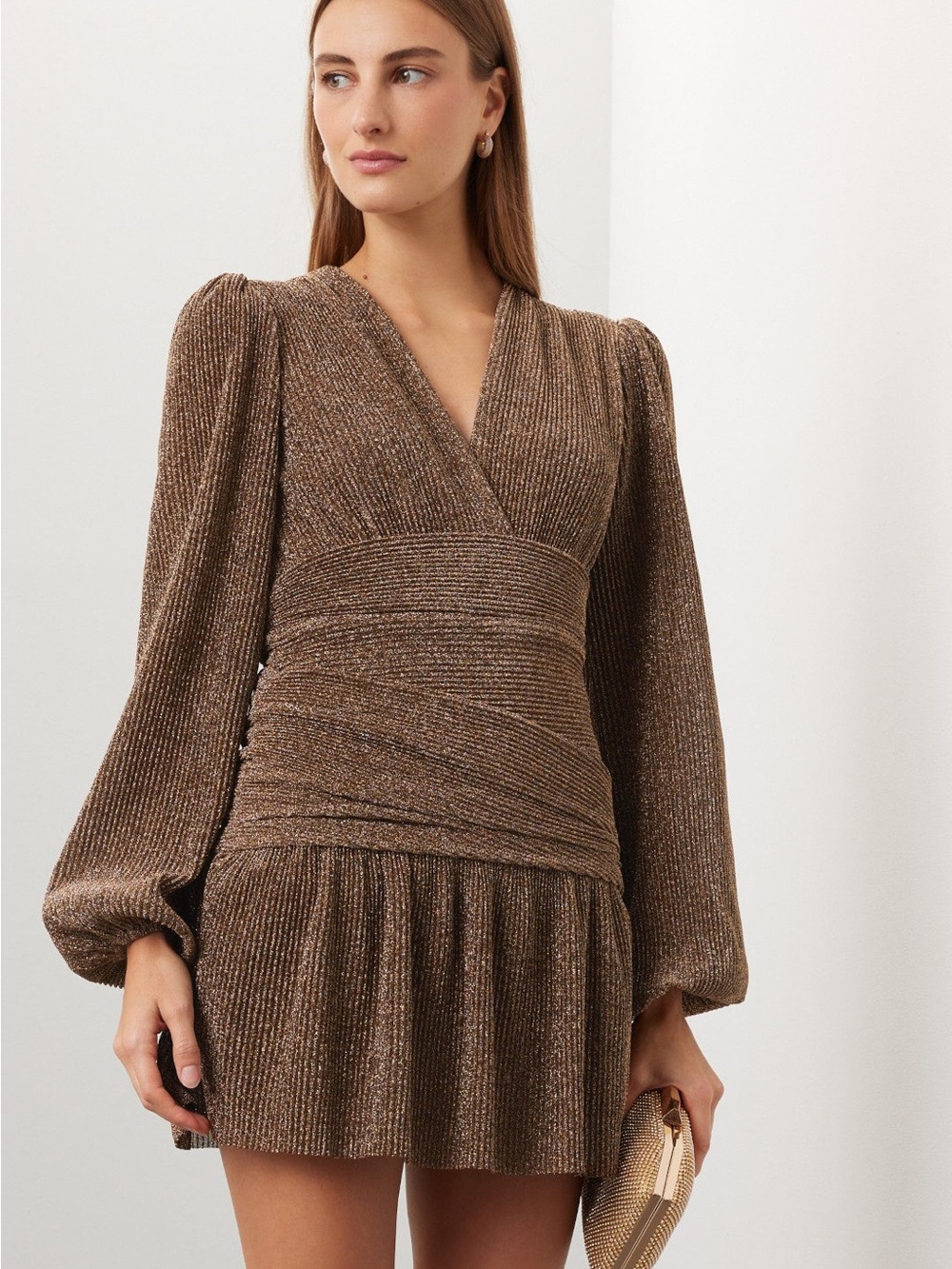 Line & Dot Metallic Brown Wrap Mini Dress
